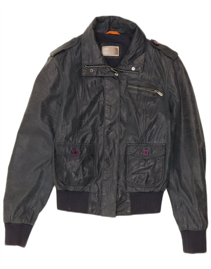 Vintage Womens Bomber Leather Jacket IT 46 Large Navy Blue Leather