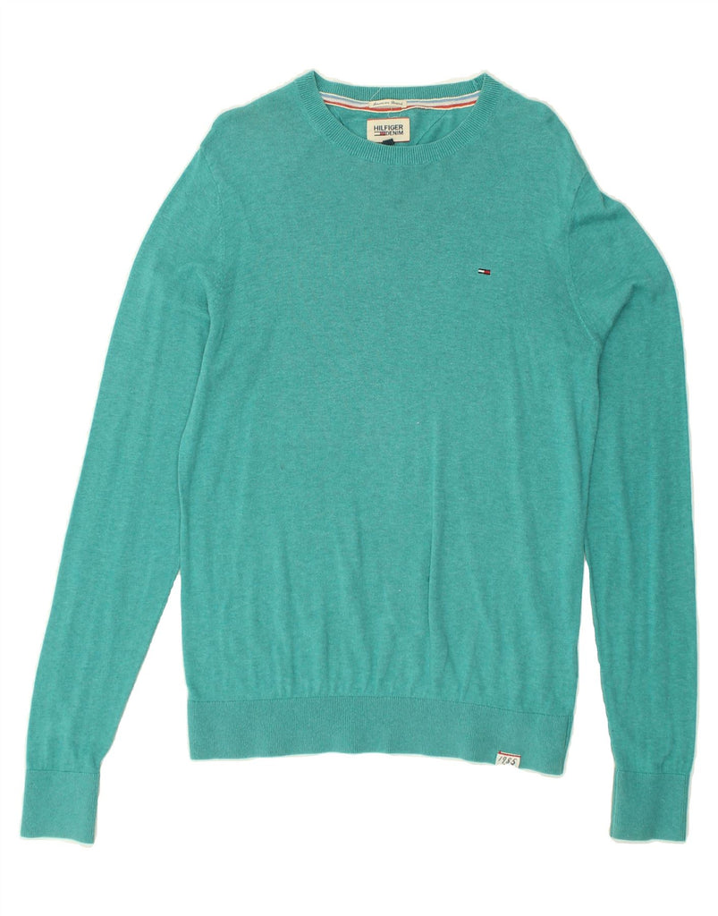 TOMMY HILFIGER Mens Crew Neck Jumper Sweater Large Turquoise Cotton | Vintage Tommy Hilfiger | Thrift | Second-Hand Tommy Hilfiger | Used Clothing | Messina Hembry 