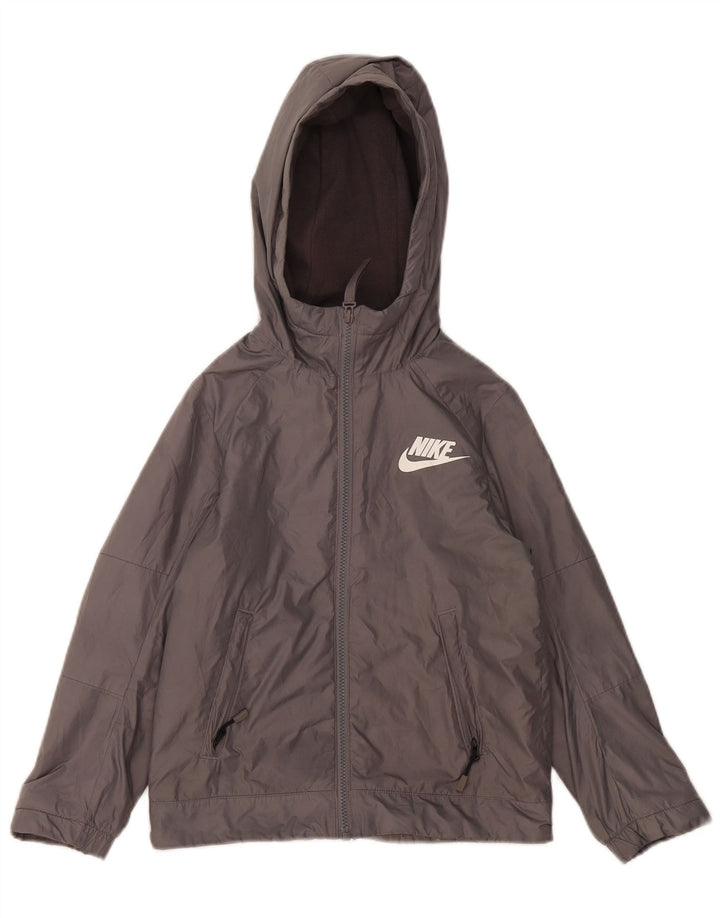 NIKE Boys Hooded Windbreaker Jacket 8-9 Years Small  Grey Polyester