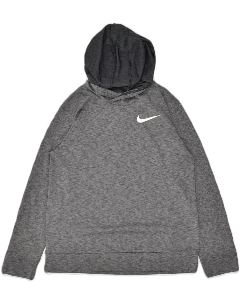 NIKE Boys Dri Fit Hoodie Jumper 10-11 Years Medium Grey Flecked Polyester | Vintage Nike | Thrift | Second-Hand Nike | Used Clothing | Messina Hembry 