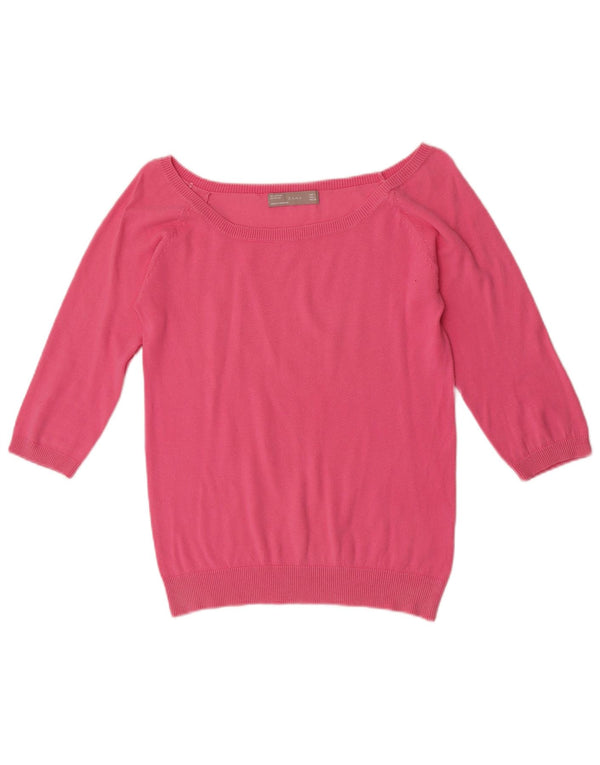 Zara Womens 3/4 Sleeve Boat Neck Jumper Sweater UK 14 Large Pink Cotton