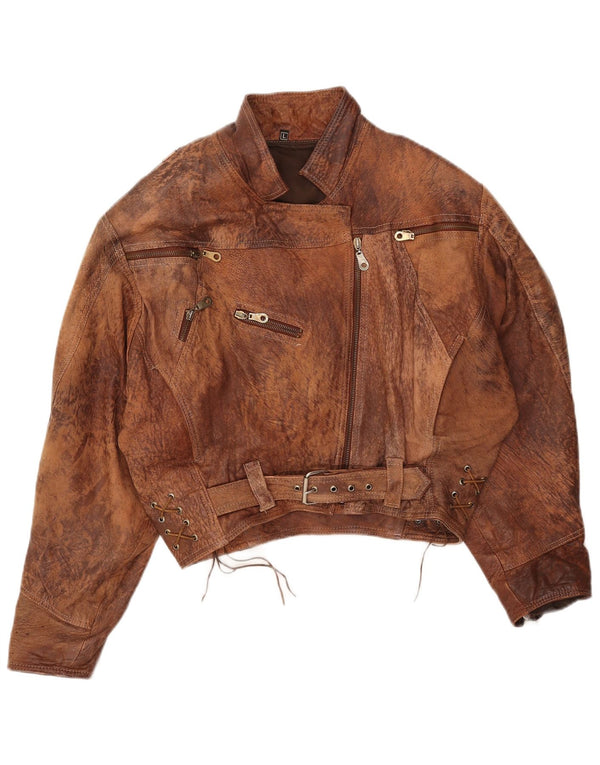 Vintage Womens Crop Leather Jacket UK 16 Large Brown