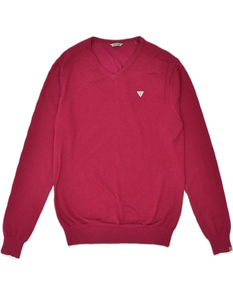 GUESS Mens V-Neck Jumper Sweater Small Red Acrylic | Vintage | Thrift | Second-Hand | Used Clothing | Messina Hembry 