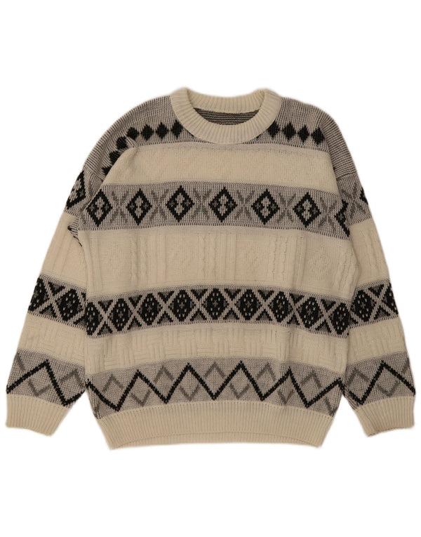 Vintage Mens Boat Neck Jumper Sweater XL Off White Argyle/Diamond