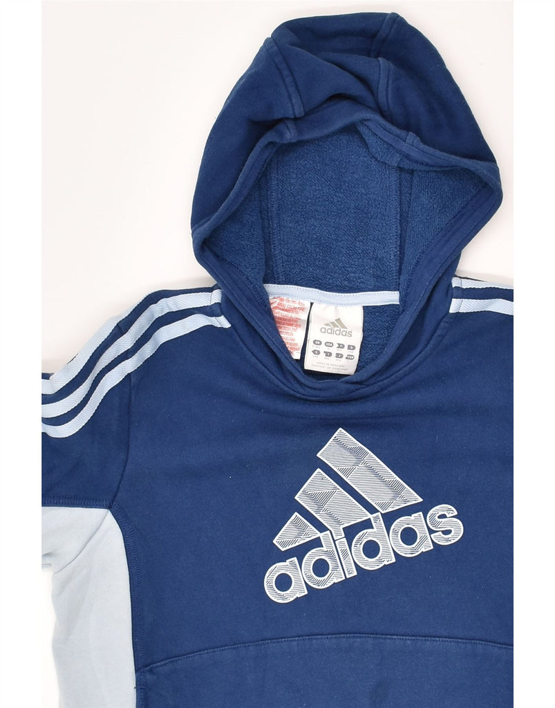 ADIDAS Boys Graphic Hoodie Jumper 9-10 Years Navy Blue Colourblock Cotton | Vintage Adidas | Thrift | Second-Hand Adidas | Used Clothing | Messina Hembry 