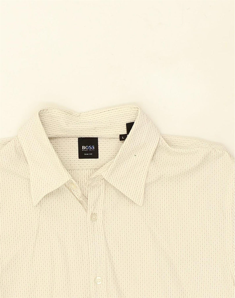 HUGO BOSS Mens Slim Fit Shirt Large Beige Striped Cotton | Vintage Hugo Boss | Thrift | Second-Hand Hugo Boss | Used Clothing | Messina Hembry 