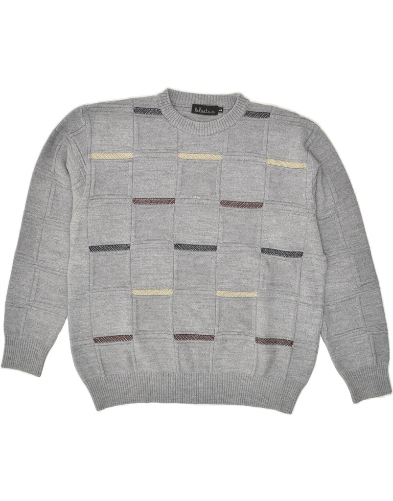 VINTAGE Mens Crew Neck Jumper Sweater Large Grey Striped Wool Vintage Vintage and Second-Hand Vintage from Messina Hembry 