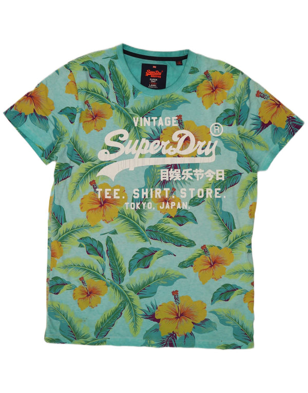 SUPERDRY Mens Graphic T-Shirt Top XL Blue Floral Cotton