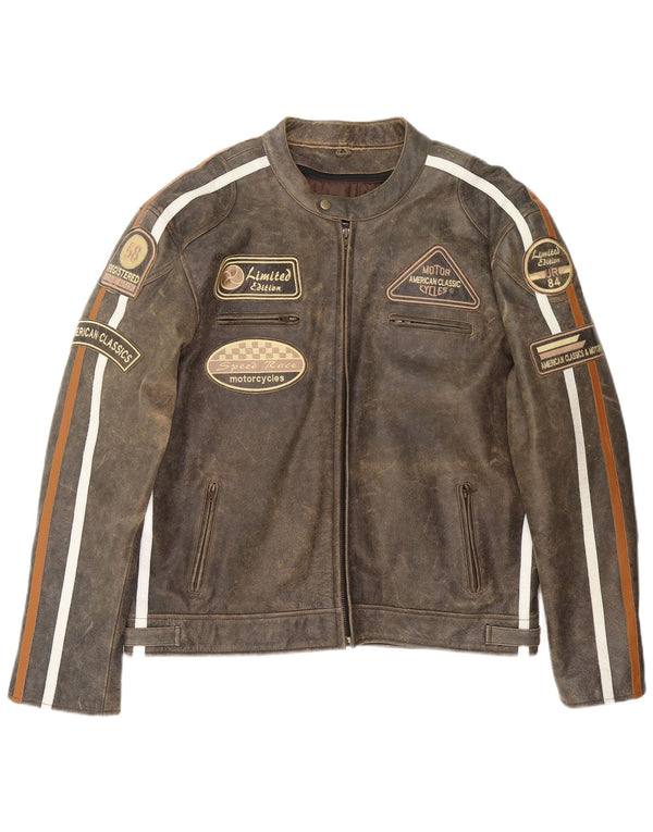Stina Mens Motorstyle Graphic Leather Racer Jacket UK 42 XL Brown