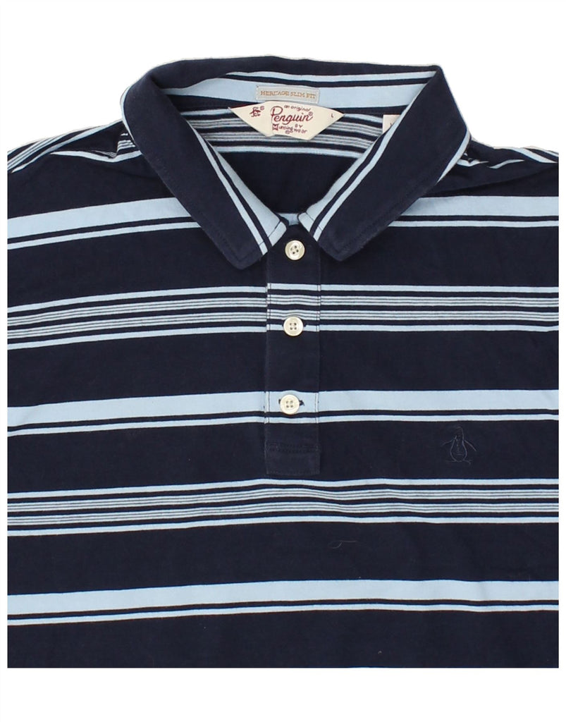 PENGUIN Mens Heritage Slim Fit Polo Shirt Large Navy Blue Striped Cotton | Vintage Penguin | Thrift | Second-Hand Penguin | Used Clothing | Messina Hembry 