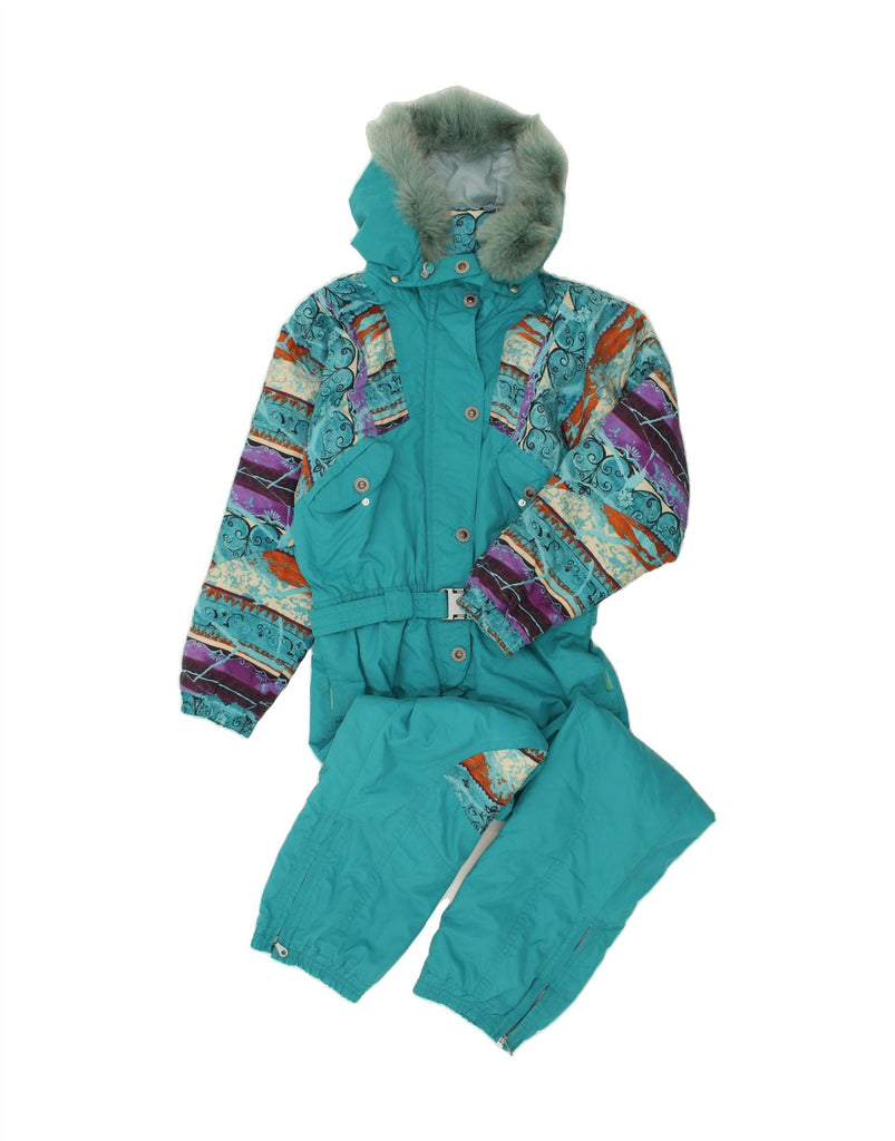 VINTAGE Womens Hooded Ski Jumpsuit IT 46 Large Blue Colourblock Polyester | Vintage Vintage | Thrift | Second-Hand Vintage | Used Clothing | Messina Hembry 