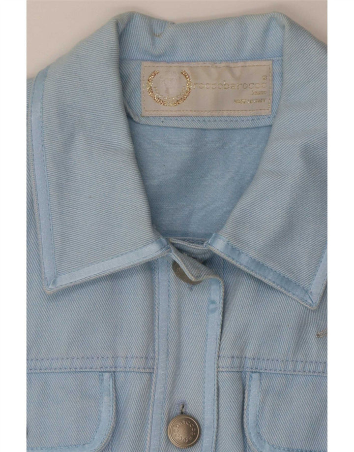 Roccobarocco Womens Crop Graphic Denim Jacket IT 44 Medium Blue