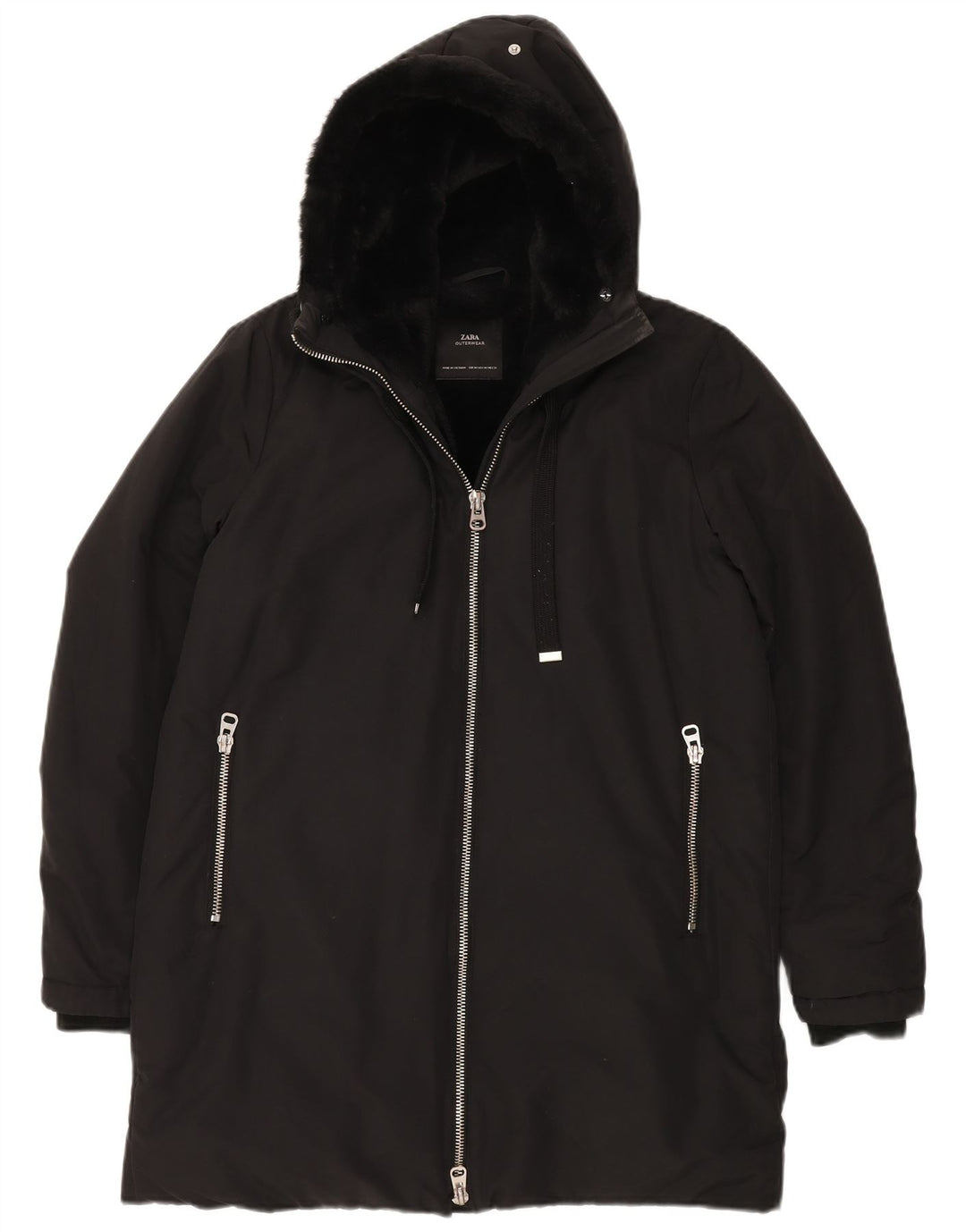 ZARA Womens Hooded Sherpa Windbreaker Coat UK 14 Medium Black Polyester