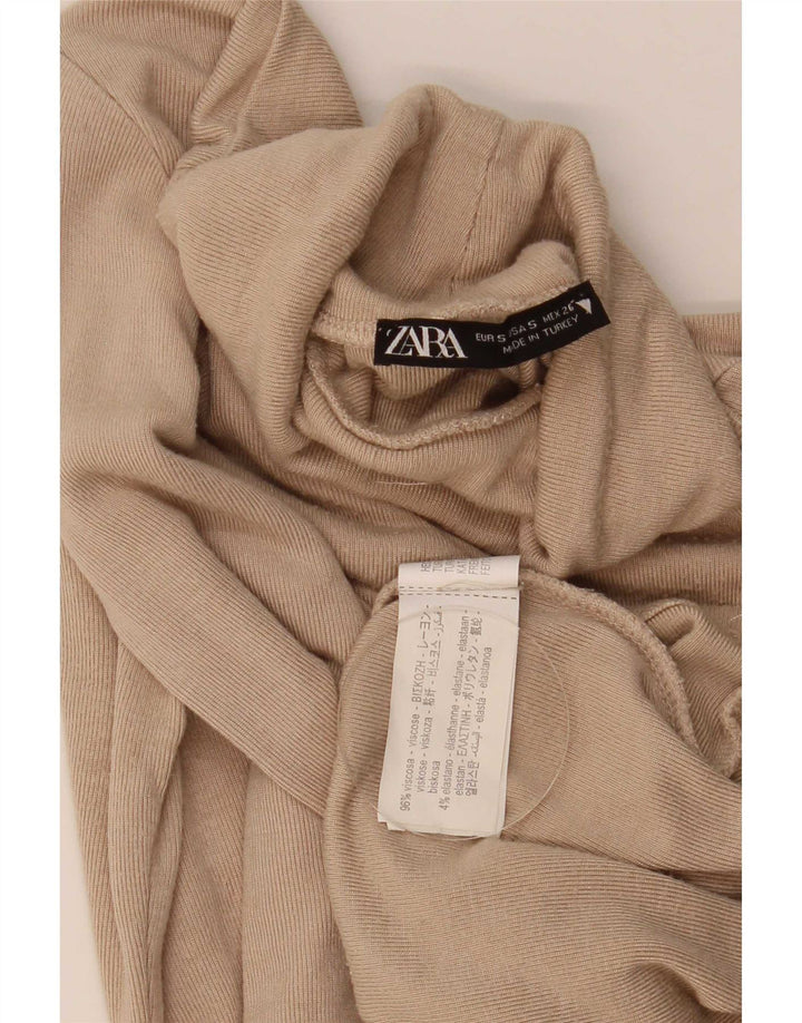 Zara Womens Crop Top Long Sleeve UK 8 Small Beige Viscose