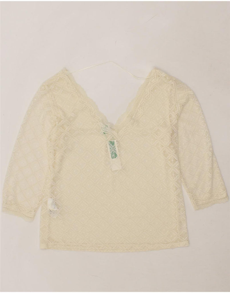 BENETTON Womens Crop 3/4 Sleeve Blouse Top UK 14 Large White Polyester Vintage Benetton and Second-Hand Benetton from Messina Hembry 