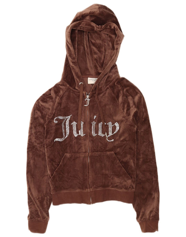 Juicy Couture Womens Crop Graphic Velour Zip Hoodie Sweater UK 6 XS Brown
