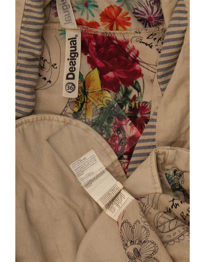 Desigual Womens Crop Bomber Jacket EU 36 Small Beige Colourblock Cotton