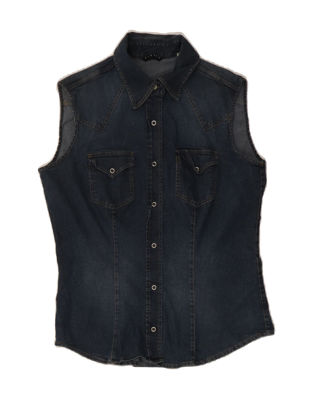 SISLEY Womens Sleeveless Denim Shirt UK 14 Large Blue Vintage Sisley and Second-Hand Sisley from Messina Hembry 
