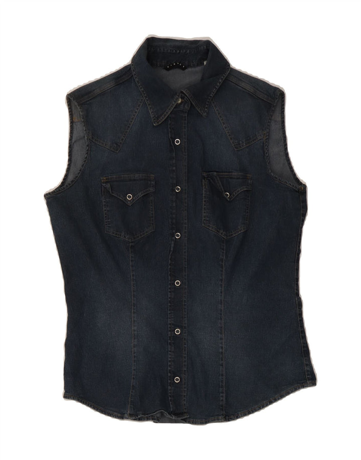 SISLEY Womens Sleeveless Denim Shirt UK 14 Large Blue Vintage Sisley and Second-Hand Sisley from Messina Hembry 