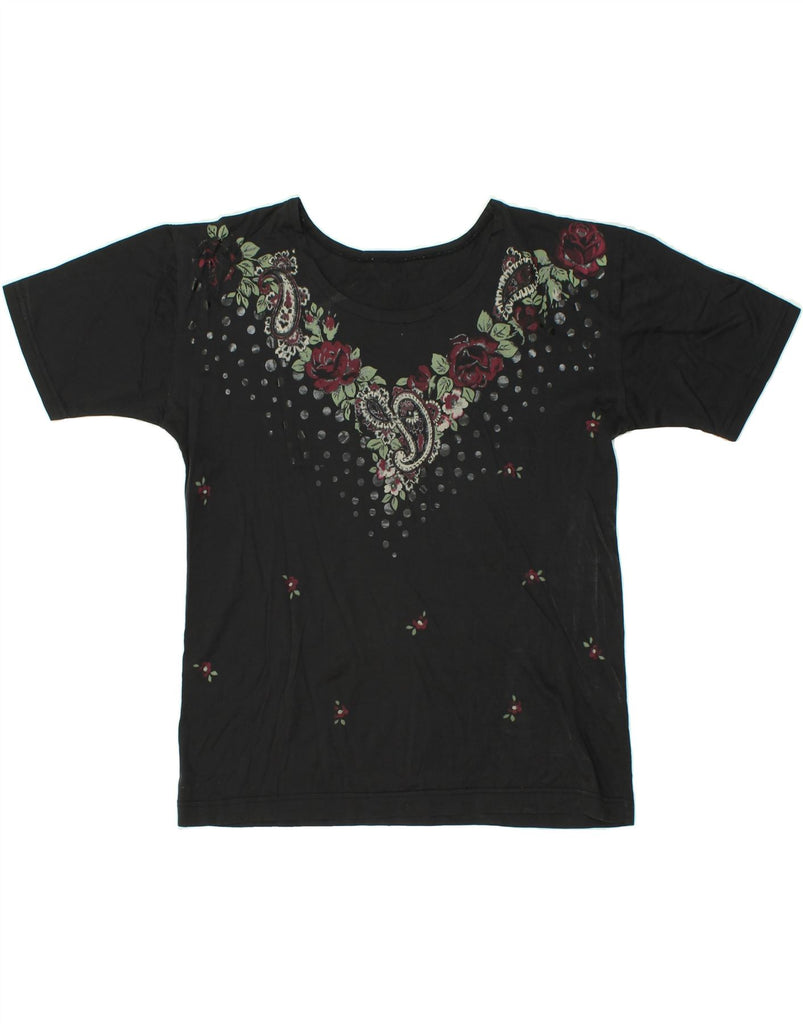 VINTAGE Womens Graphic T-Shirt Top UK 16 Large Black Floral Cotton | Vintage Vintage | Thrift | Second-Hand Vintage | Used Clothing | Messina Hembry 