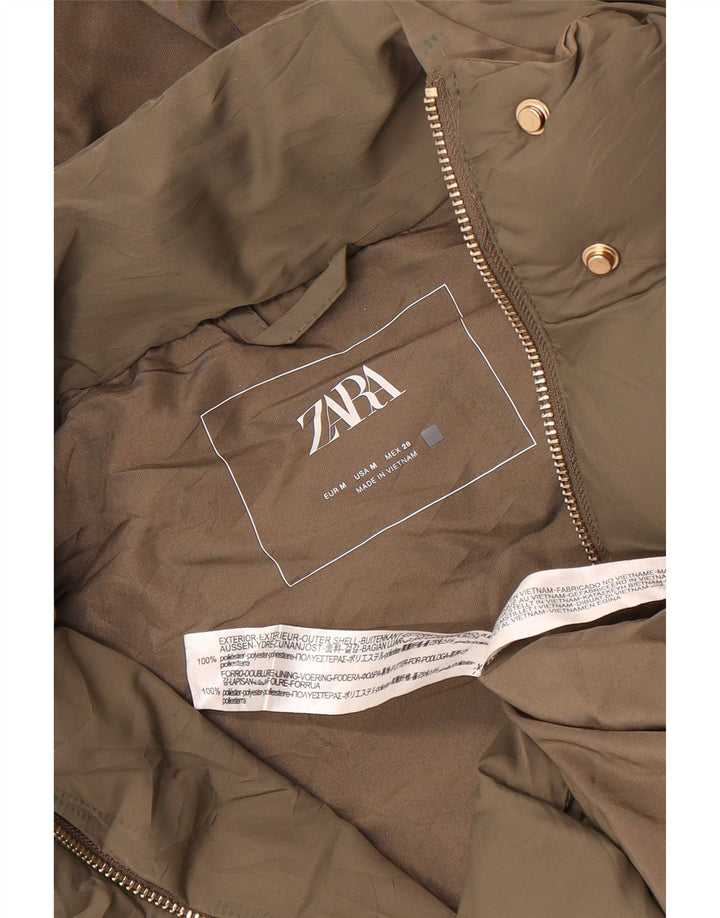 Zara Womens Longline Hooded Padded Gilet UK 14 Medium Khaki Polyester