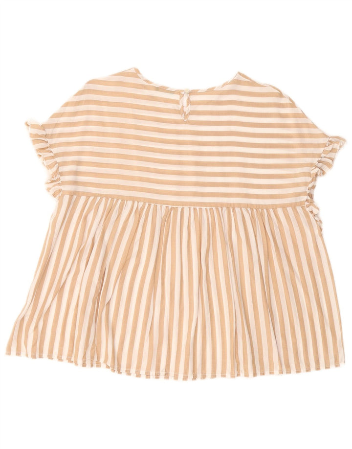 BENETTON Womens Oversized Blouse Top UK 10 Small Beige Pinstripe Lyocell