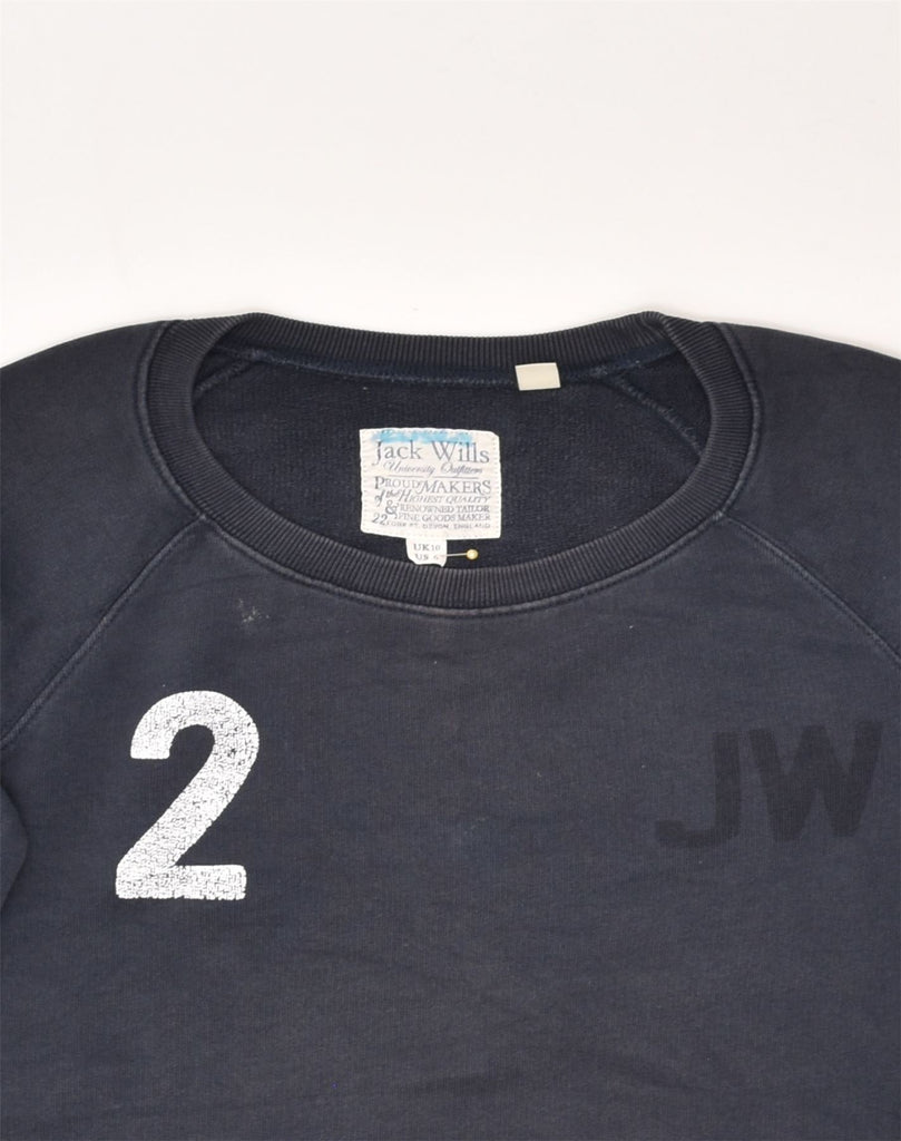 JACK WILLS Womens Graphic Sweatshirt Jumper UK 10 Small Navy Blue Cotton | Vintage Jack Wills | Thrift | Second-Hand Jack Wills | Used Clothing | Messina Hembry 