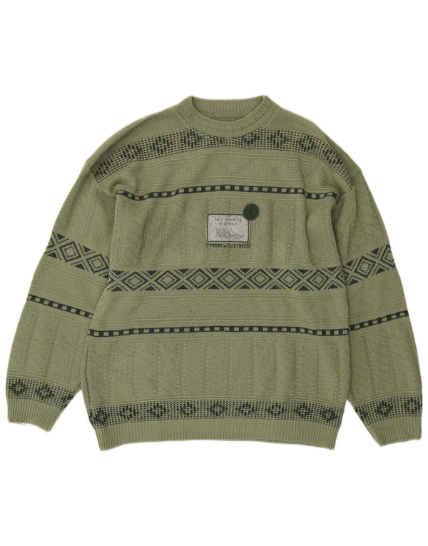 Vintage Mens Graphic Crew Neck Jumper Sweater Medium Green Geometric