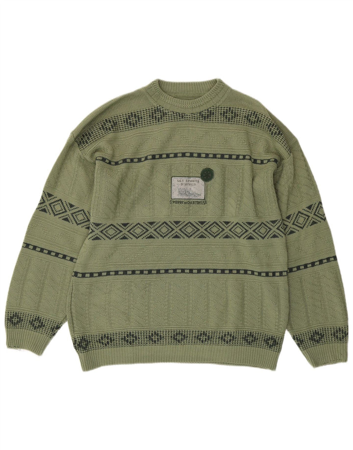 Vintage Mens Graphic Crew Neck Jumper Sweater Medium Green Geometric
