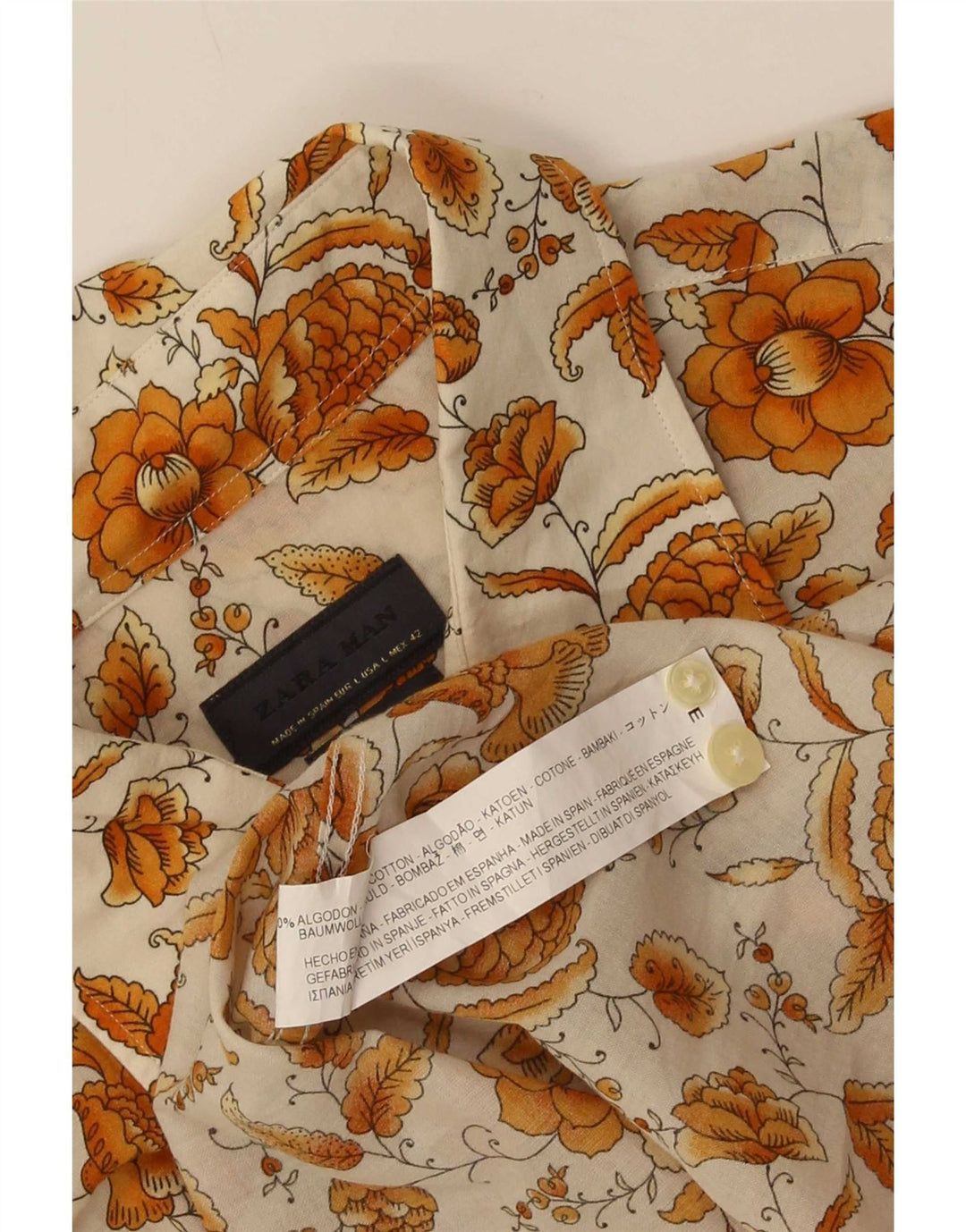Zara Mens Shirt Large Beige Floral Cotton