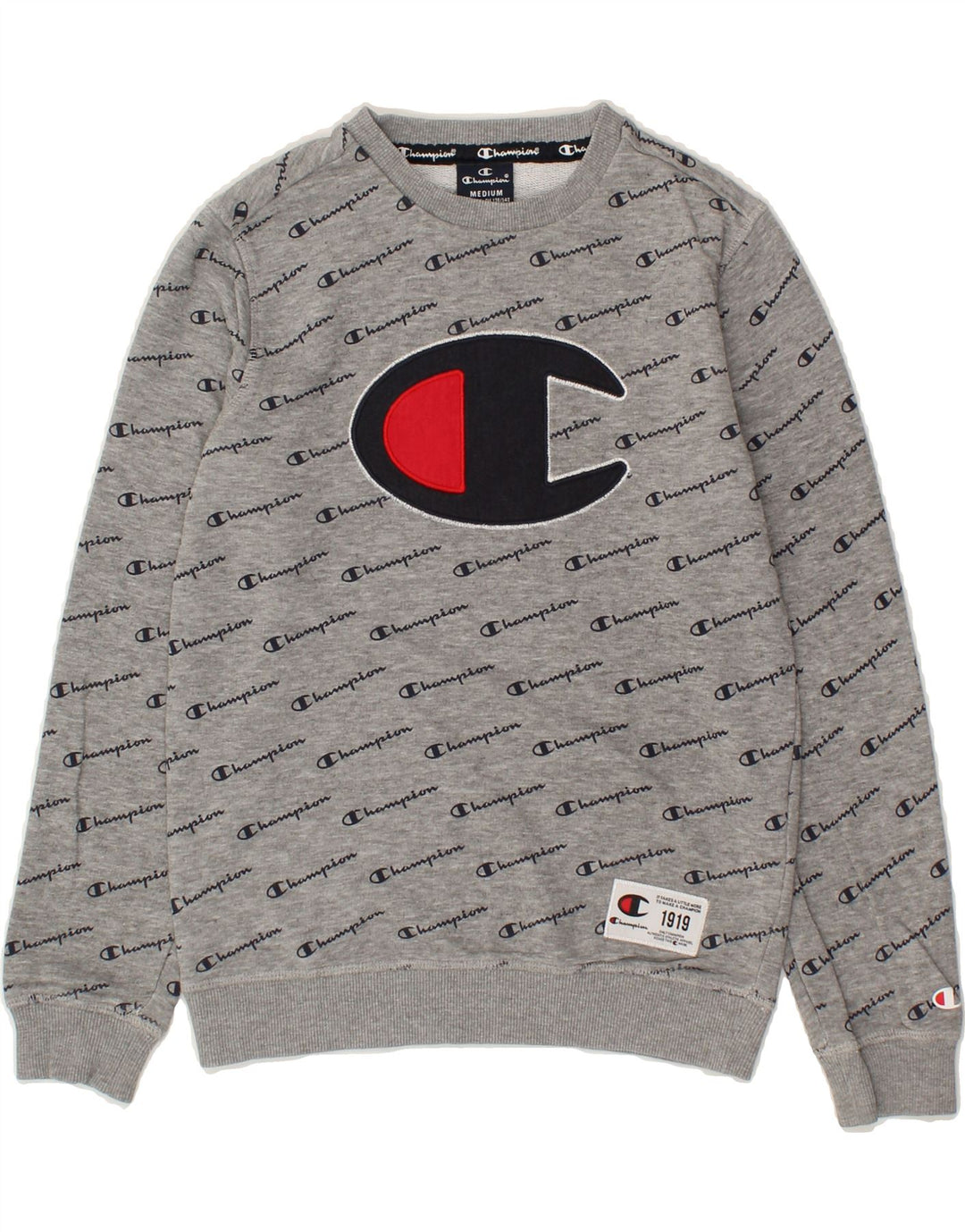 CHAMPION Boys Graphic Sweatshirt Jumper 9-10 Years Medium Grey Cotton | Vintage Champion | Thrift | Second-Hand Champion | Used Clothing | Messina Hembry 