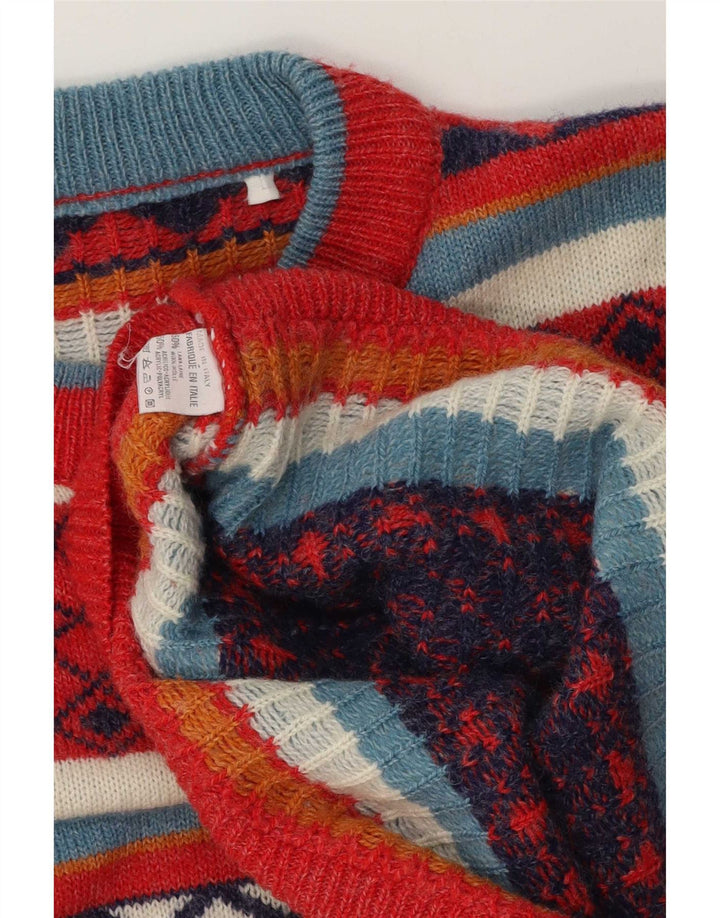 Vintage Mens Crew Neck Jumper Sweater Large Multicoloured Geometric Wool