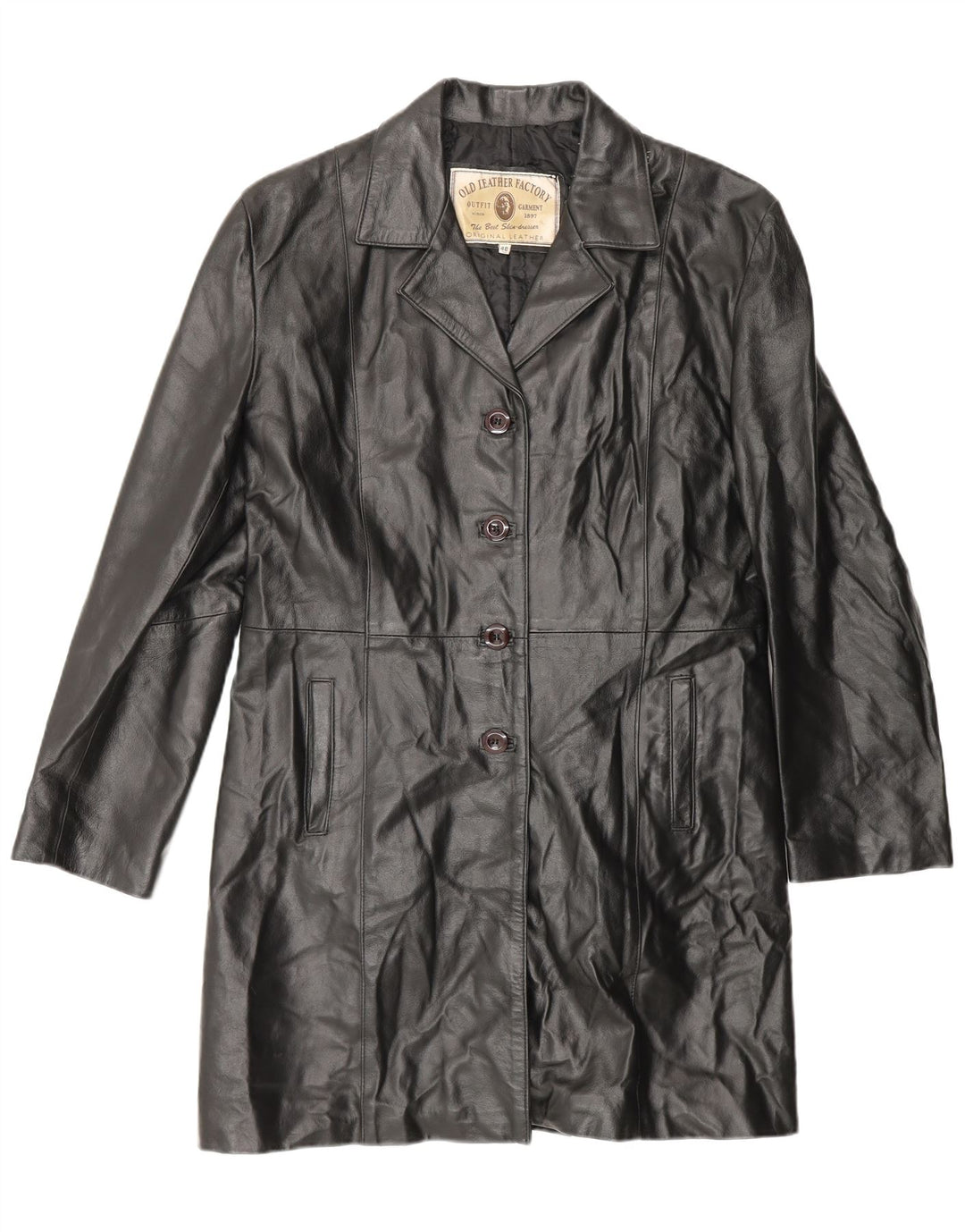 VINTAGE Womens Leather Coat IT 48 XL Black Leather