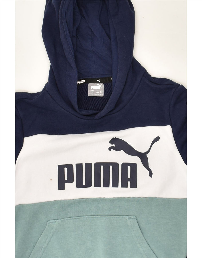 PUMA Boys Graphic Hoodie Jumper 7-8 Years Navy Blue Colourblock Cotton | Vintage Puma | Thrift | Second-Hand Puma | Used Clothing | Messina Hembry 