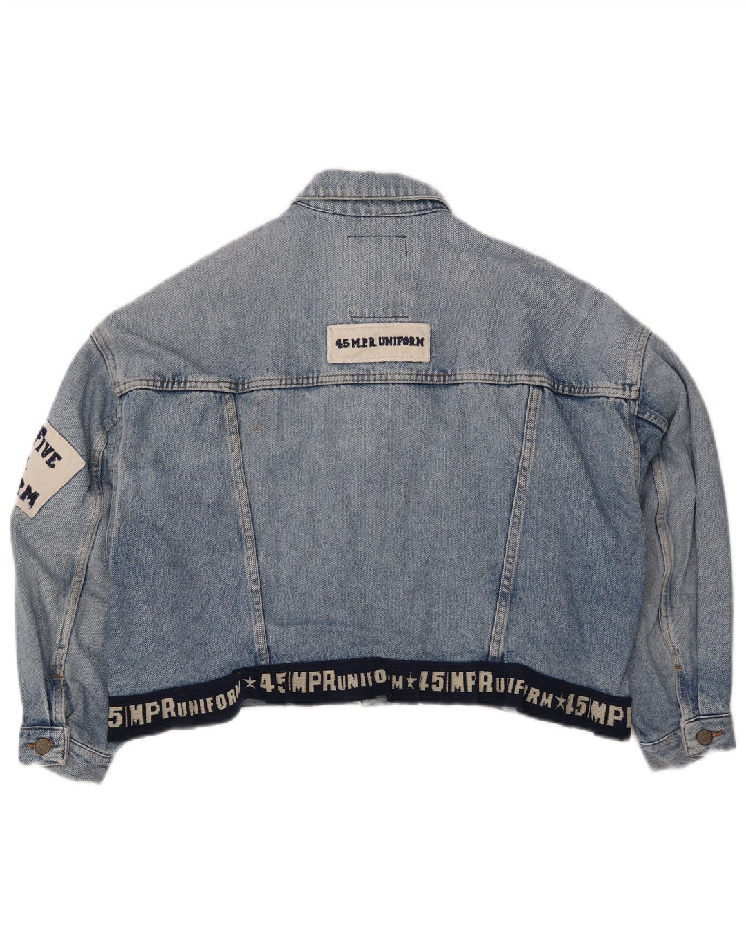 UNIFORM Womens Crop Graphic Denim Jacket UK 14 Large Blue