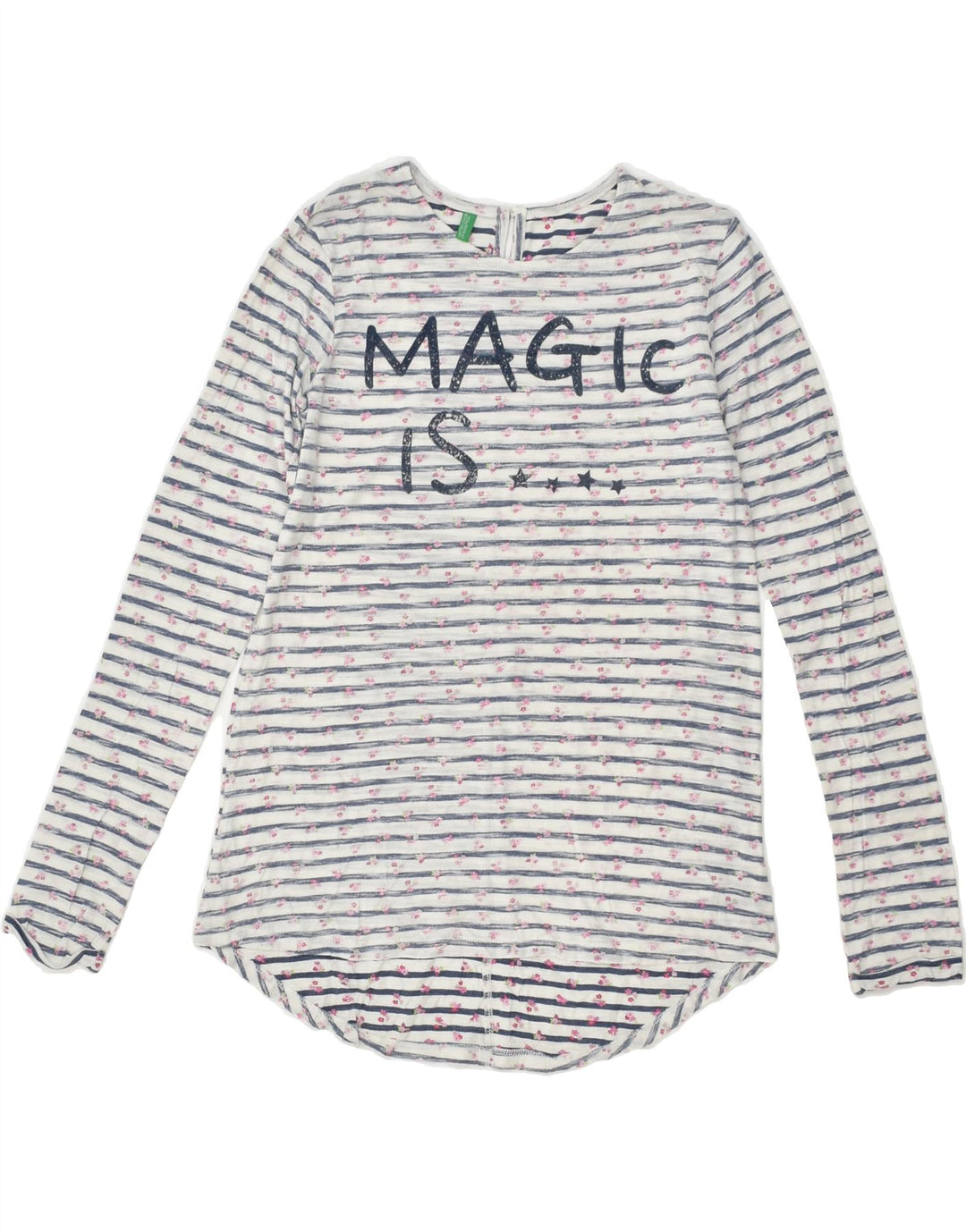 BENETTON Girls Graphic Top Long Sleeve 11-12 Years 2XL  Blue Striped | Vintage Benetton | Thrift | Second-Hand Benetton | Used Clothing | Messina Hembry 