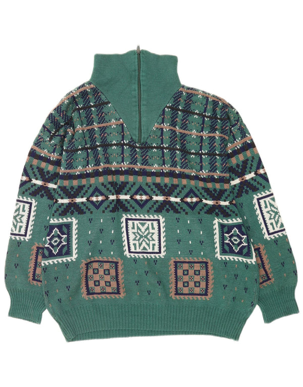 Vintage Mens Zip Neck Jumper Sweater Large Green Geometric Polyacrylic