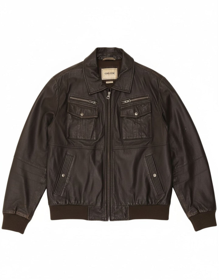 Geox Mens Bomber Leather Jacket UK 42 XL Black Leather