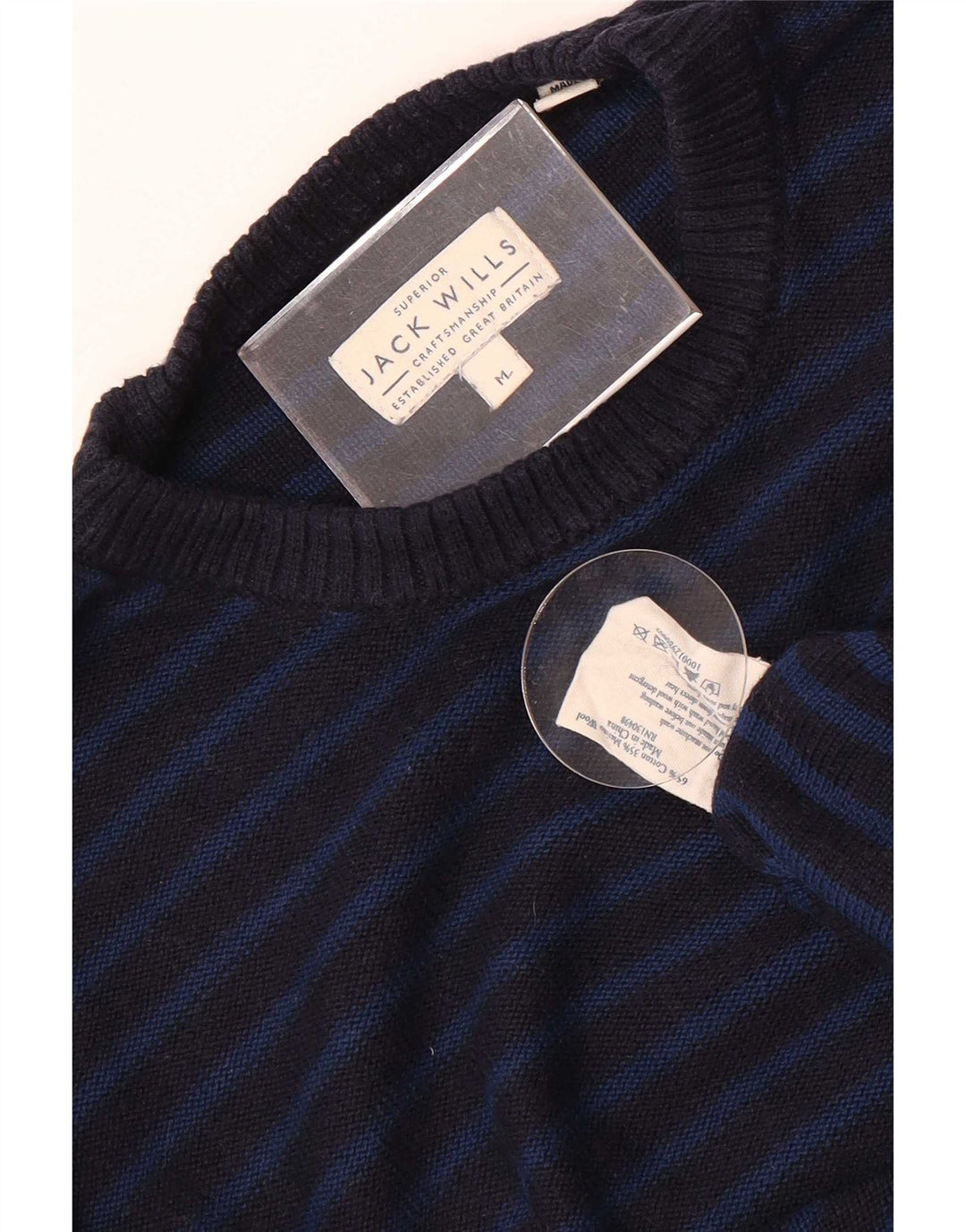 Jack Wills Mens Crew Neck Jumper Sweater Medium Navy Blue Striped Cotton