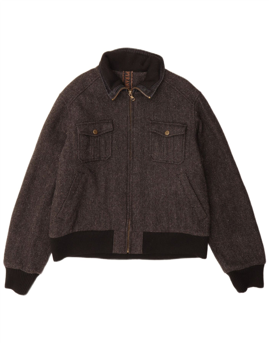 Pyramid Mens Bomber Jacket UK 40 Large Grey Herringbone Wool