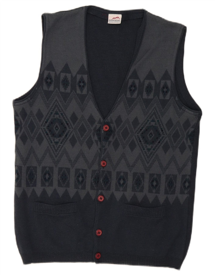 Bernardini Mens Sleeveless Cardigan Sweater Small Navy Blue Geometric Wool