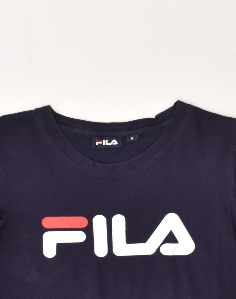 FILA Womens Graphic T-Shirt Top UK 12 Medium Navy Blue Cotton | Vintage Fila | Thrift | Second-Hand Fila | Used Clothing | Messina Hembry 