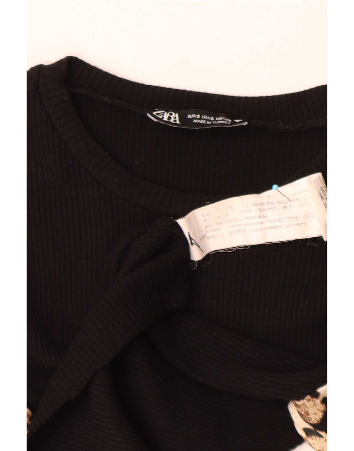 Zara Womens Long Sleeve Crop Top UK 8 Small Black Animal Print Polyester