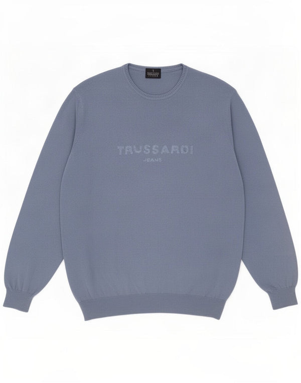 Trussardi Jeans Mens Graphic Crew Neck Jumper Sweater Medium Blue Cotton