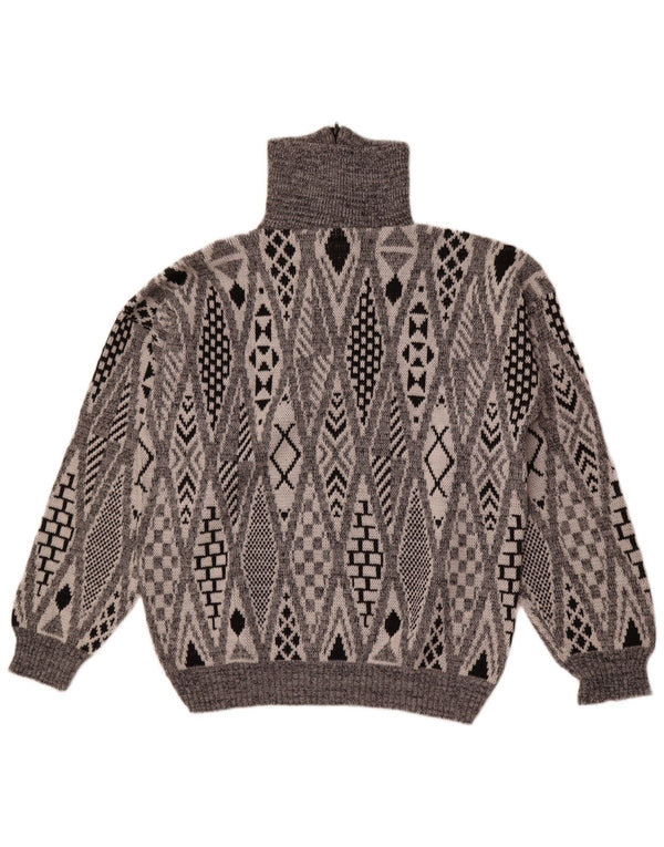 Vintage Mens Zip Neck Jumper Sweater Large Grey Geometric Acrylic