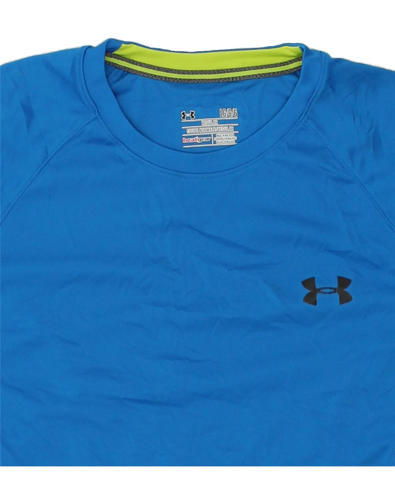 UNDER ARMOUR Mens Heat Gear Graphic T-Shirt Top Large Blue Colourblock | Vintage Under Armour | Thrift | Second-Hand Under Armour | Used Clothing | Messina Hembry 