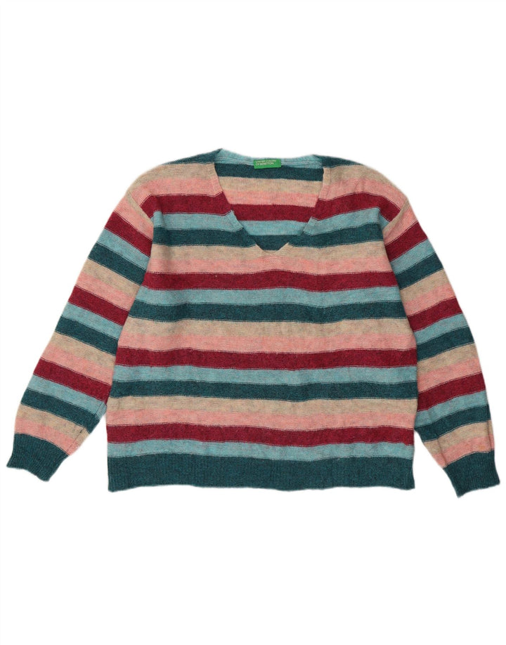 BENETTON Womens V-Neck Jumper Sweater UK 16 Large Multicoloured Striped