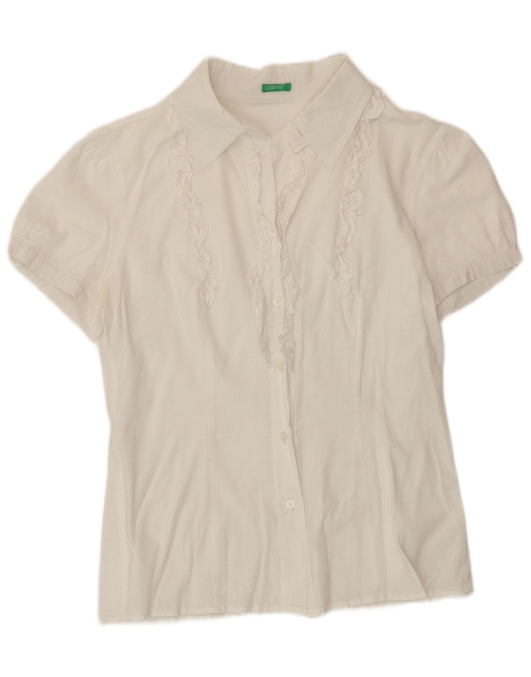 Benetton Womens Ruffle Front Short Sleeve Shirt Blouse UK 12 Medium White