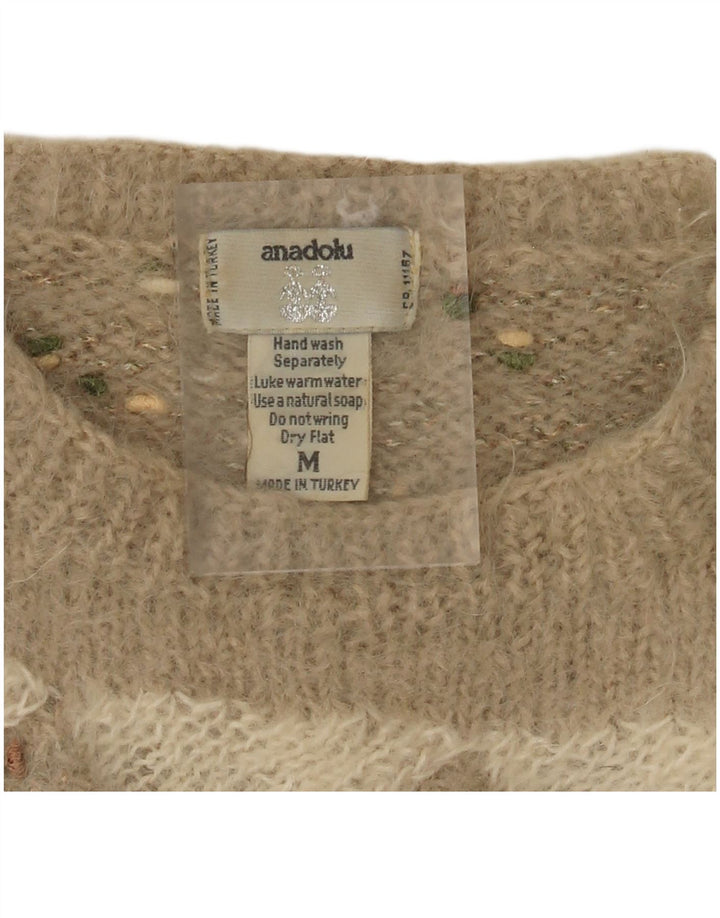 Vintage Womens Boat Neck Jumper Sweater UK 12 Medium Beige Argyle/Diamond