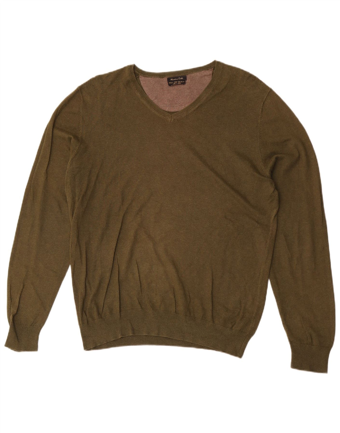 Massimo Dutti Mens V-Neck Jumper Sweater Medium Khaki Cotton